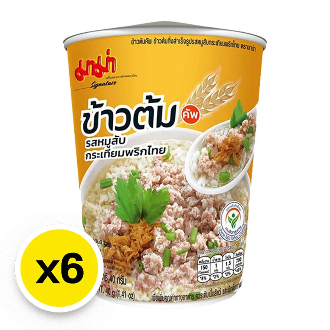 Mama Instant Rice Porridge, Minced Pork with Garlic and Pepper Flavor, 35 grams x 6 cups