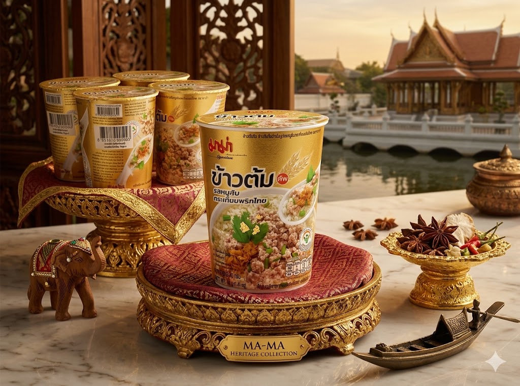 Mama Instant Rice Porridge, Minced Pork with Garlic and Pepper Flavor, 35 grams x 6 cups