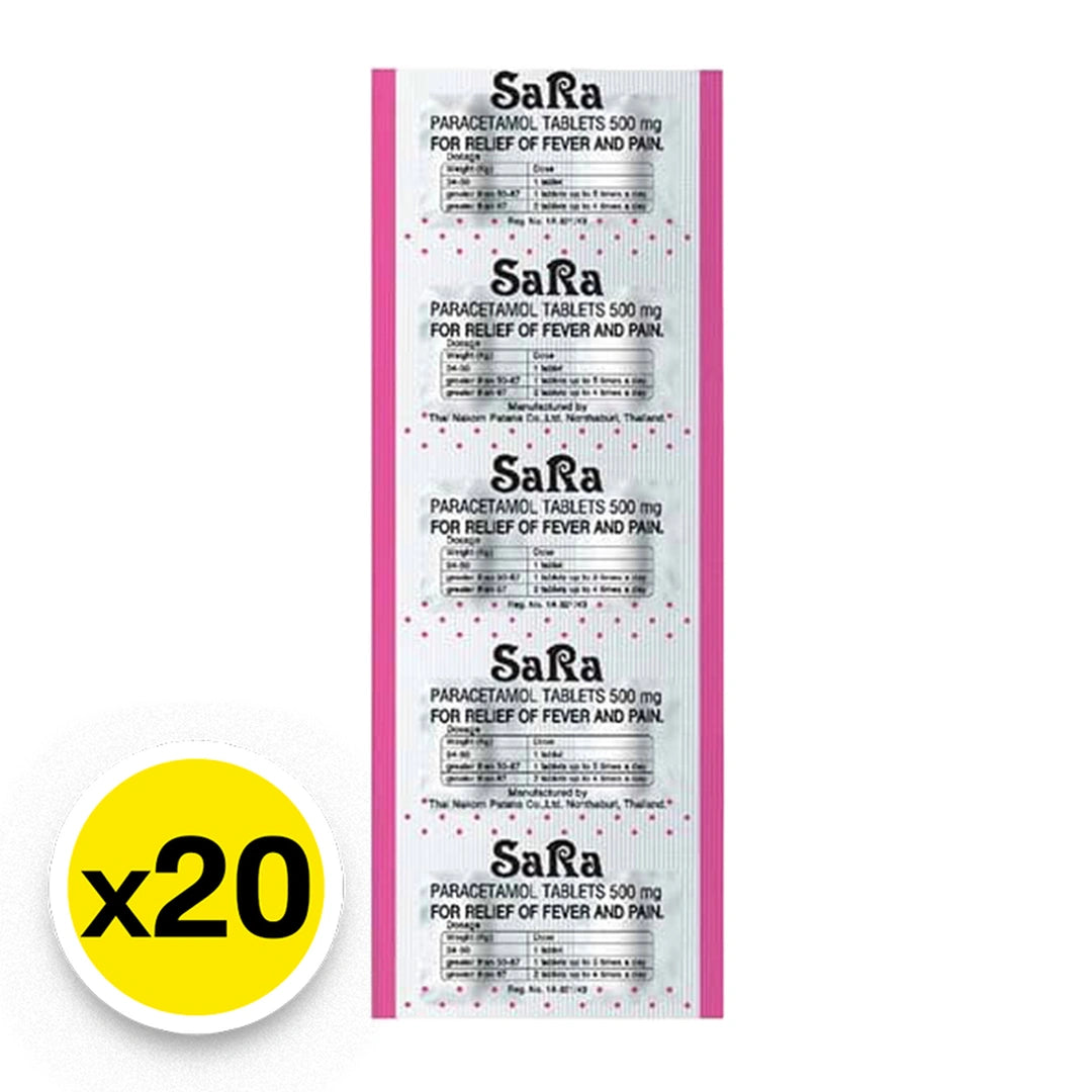 Sara Paracetamol Tablets, 10 tablets per sachet, 20 sachets.